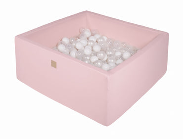 Vierkante ballenbak - Licht roze met Witte, Transparante en Parelwitte ballen